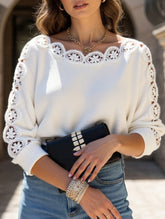 Boat neck lace paneled sleeves knitted top