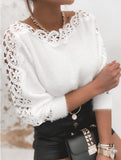 Boat neck lace paneled sleeves knitted top