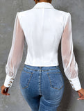 Single-breasted mesh sleeve slim-fit top