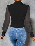 Single-breasted mesh sleeve slim-fit top