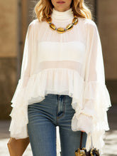 Mesh ruffled long-sleeved top