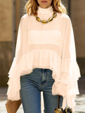 Mesh ruffled long-sleeved top