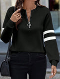 Zippered V-neck long-sleeved T-shirt top