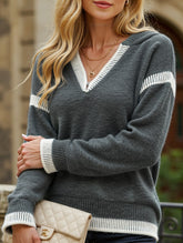 Loose V-neck hooded sweater