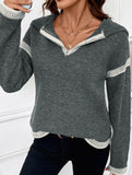 Loose V-neck hooded sweater