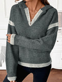 Loose V-neck hooded sweater