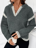 Loose V-neck hooded sweater