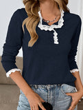 Retro loose lace half-open color-blocked sweater