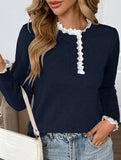 Retro loose lace half-open color-blocked sweater