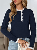 Retro loose lace half-open color-blocked sweater