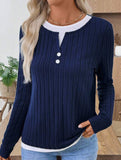 Casual round neck button long sleeve T-shirt