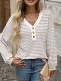 V-neck button-down casual colorblock T-shirt