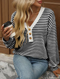 V-neck button-down casual colorblock T-shirt