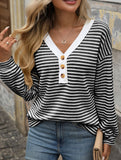 V-neck button-down casual colorblock T-shirt