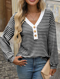 V-neck button-down casual colorblock T-shirt
