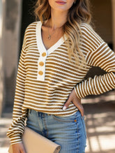 V-neck button-down casual colorblock T-shirt