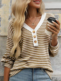 V-neck button-down casual colorblock T-shirt