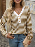 V-neck button-down casual colorblock T-shirt