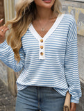 V-neck button-down casual colorblock T-shirt
