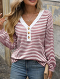 V-neck button-down casual colorblock T-shirt