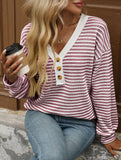 V-neck button-down casual colorblock T-shirt