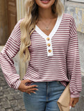 V-neck button-down casual colorblock T-shirt