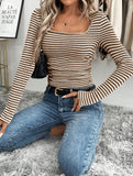 Square neck slim-fit knit long-sleeved shirt