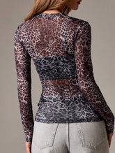 Mesh round neck leopard print slim fit T-shirt