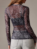 Mesh round neck leopard print slim fit T-shirt