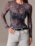 Mesh round neck leopard print slim fit T-shirt