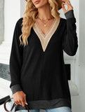 Lace V-neck slit loose long-sleeved T-shirt