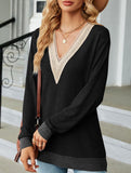 Lace V-neck slit loose long-sleeved T-shirt