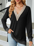 Lace V-neck slit loose long-sleeved T-shirt