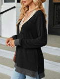 Lace V-neck slit loose long-sleeved T-shirt