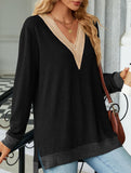 Lace V-neck slit loose long-sleeved T-shirt