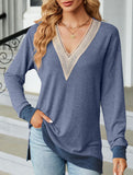 Lace V-neck slit loose long-sleeved T-shirt