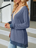 Lace V-neck slit loose long-sleeved T-shirt