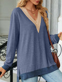 Lace V-neck slit loose long-sleeved T-shirt