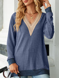 Lace V-neck slit loose long-sleeved T-shirt