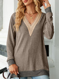 Lace V-neck slit loose long-sleeved T-shirt
