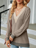 Lace V-neck slit loose long-sleeved T-shirt