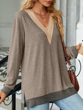 Lace V-neck slit loose long-sleeved T-shirt