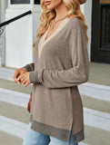 Lace V-neck slit loose long-sleeved T-shirt