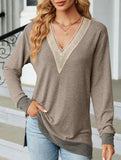 Lace V-neck slit loose long-sleeved T-shirt