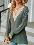 Lace V-neck slit loose long-sleeved T-shirt