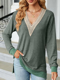 Lace V-neck slit loose long-sleeved T-shirt