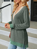 Lace V-neck slit loose long-sleeved T-shirt
