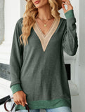 Lace V-neck slit loose long-sleeved T-shirt