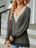 Lace V-neck slit loose long-sleeved T-shirt