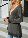 Lace V-neck slit loose long-sleeved T-shirt
